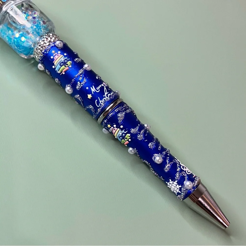 Handpainted Snowman Christmas Magic Blue Sparkles Handmade Beaded Pen